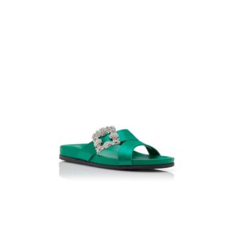 CHILANGHI Green Satin Jewel Buckle Flat Mules