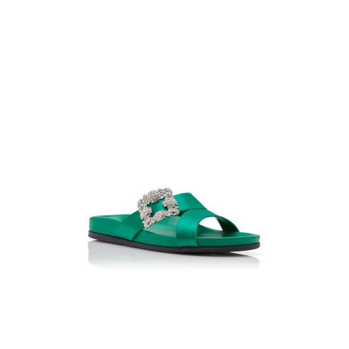 CHILANGHI Green Satin Jewel Buckle Flat Mules