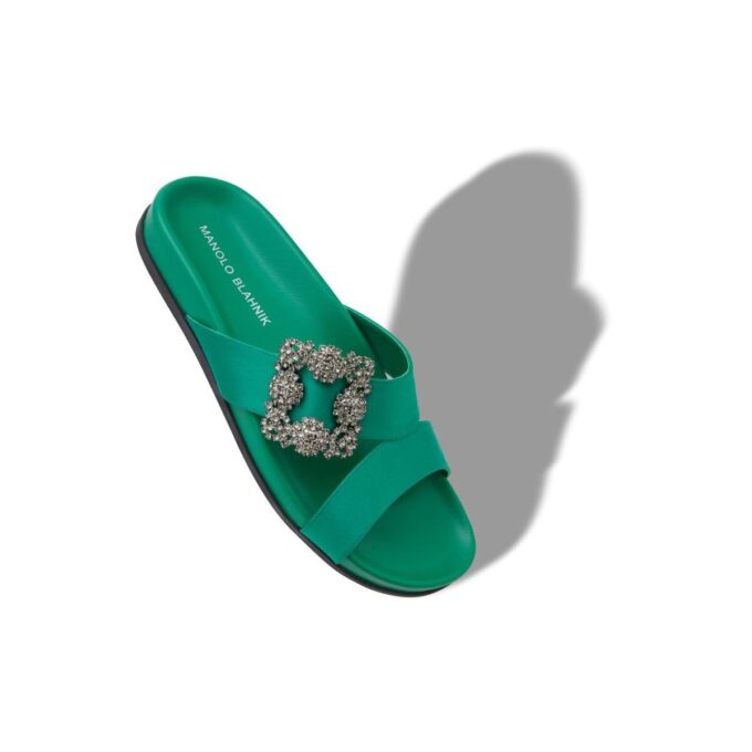 CHILANGHI Green Satin Jewel Buckle Flat Mules