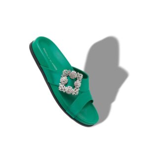 CHILANGHI Green Satin Jewel Buckle Flat Mules
