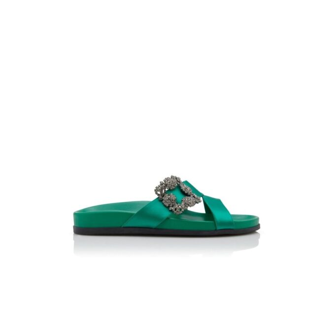 CHILANGHI Green Satin Jewel Buckle Flat Mules