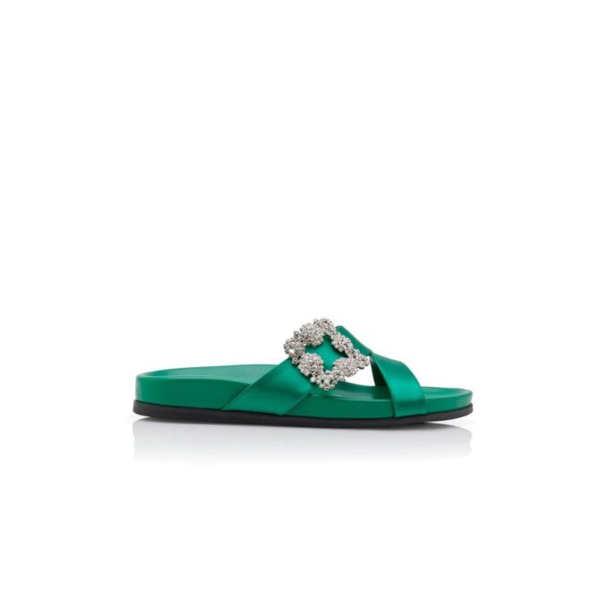 CHILANGHI Green Satin Jewel Buckle Flat Mules