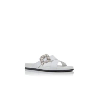 CHILANGHI White Calf Leather Jewel Buckle Flat Mules