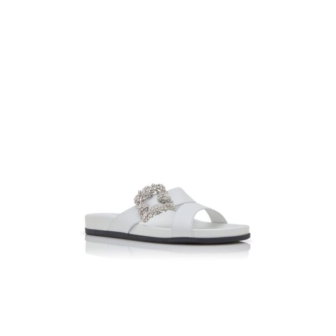 CHILANGHI White Calf Leather Jewel Buckle Flat Mules