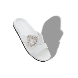 CHILANGHI White Calf Leather Jewel Buckle Flat Mules