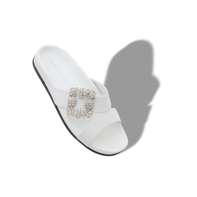 CHILANGHI White Calf Leather Jewel Buckle Flat Mules