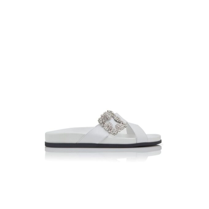CHILANGHI White Calf Leather Jewel Buckle Flat Mules