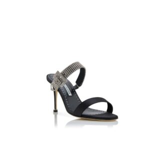 FIBOLTA Black Satin Crystal Embellished Strap Mules