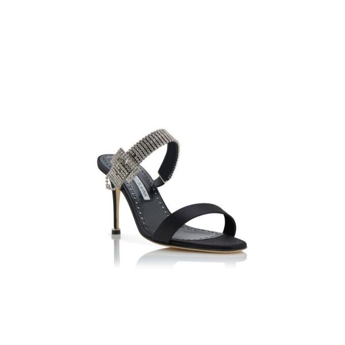 FIBOLTA Black Satin Crystal Embellished Strap Mules