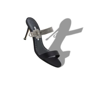 FIBOLTA Black Satin Crystal Embellished Strap Mules