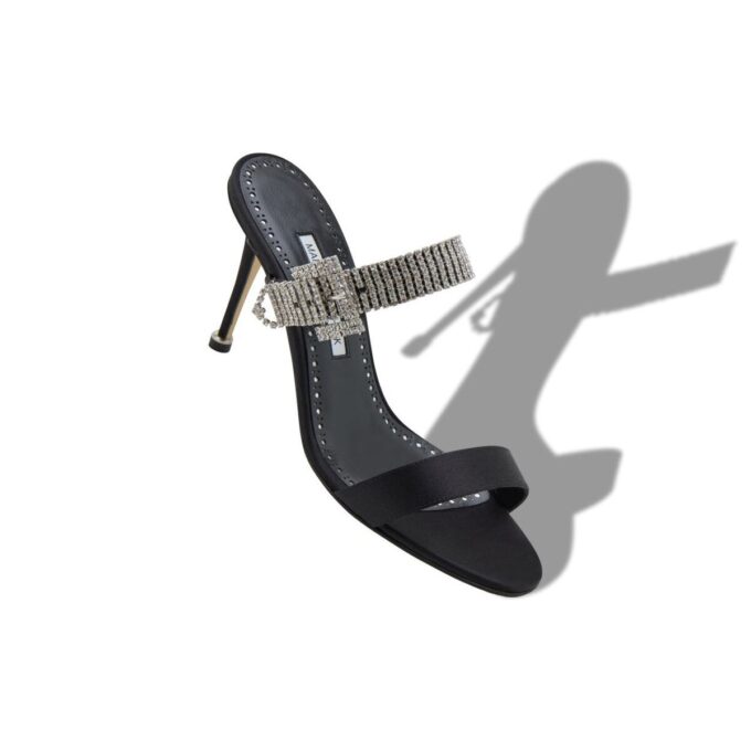 FIBOLTA Black Satin Crystal Embellished Strap Mules