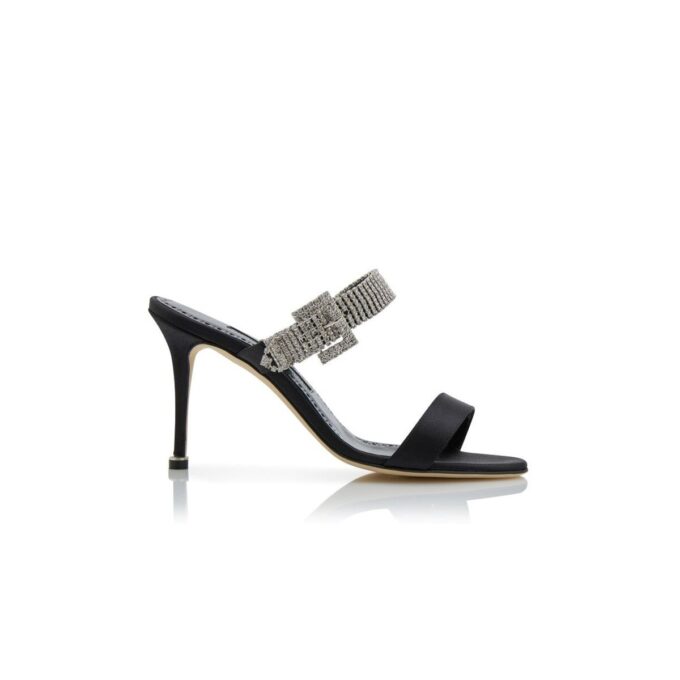 FIBOLTA Black Satin Crystal Embellished Strap Mules