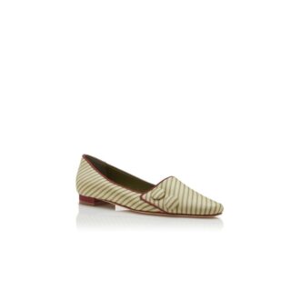 FONTENAI Green and Beige Silk Striped Flat Pumps
