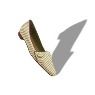 FONTENAI Green and Beige Silk Striped Flat Pumps