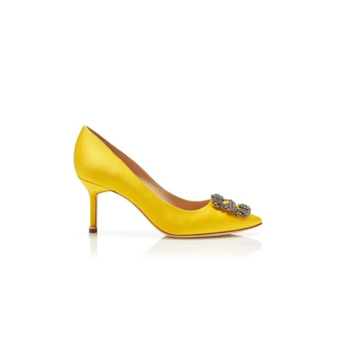HANGISI 70 Yellow Satin Jewel Buckle Pumps