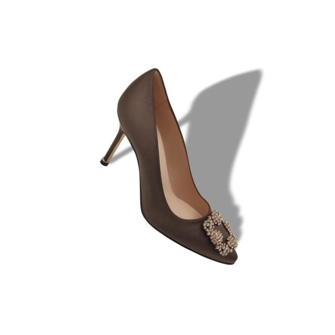 HANGISI 90 Brown Satin Jewel Buckle Pumps