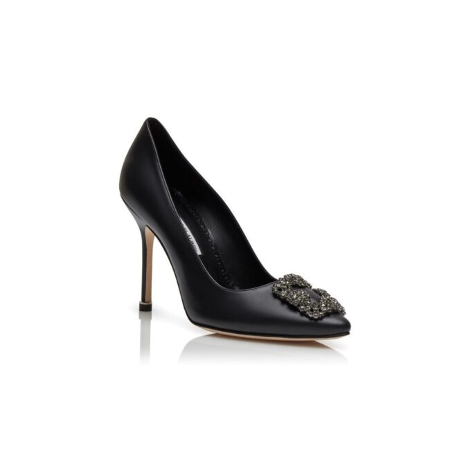 HANGISI Black Calf Leather Jewel Buckle Pumps