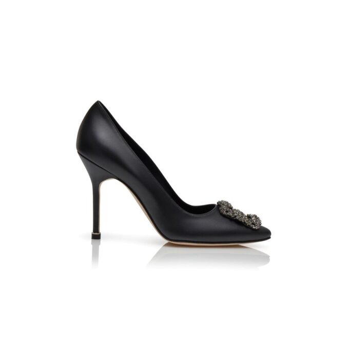 HANGISI Black Calf Leather Jewel Buckle Pumps