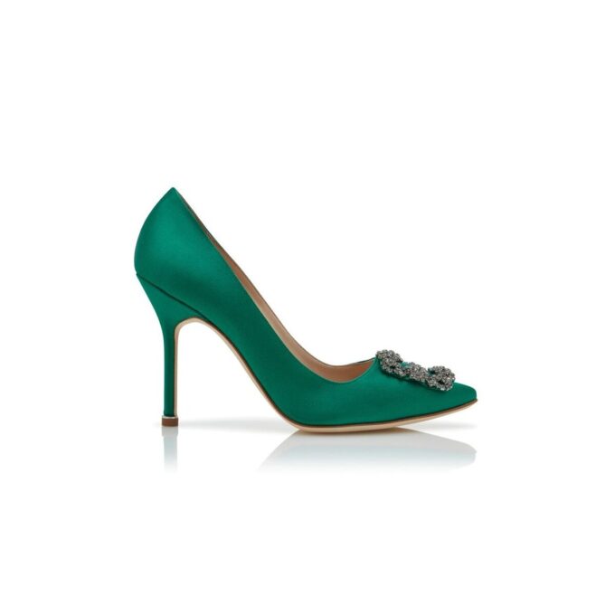 HANGISI Green Satin Jewel Buckle Pumps