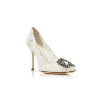 HANGISI LACE Light Cream Lace Jewel Buckle Pumps