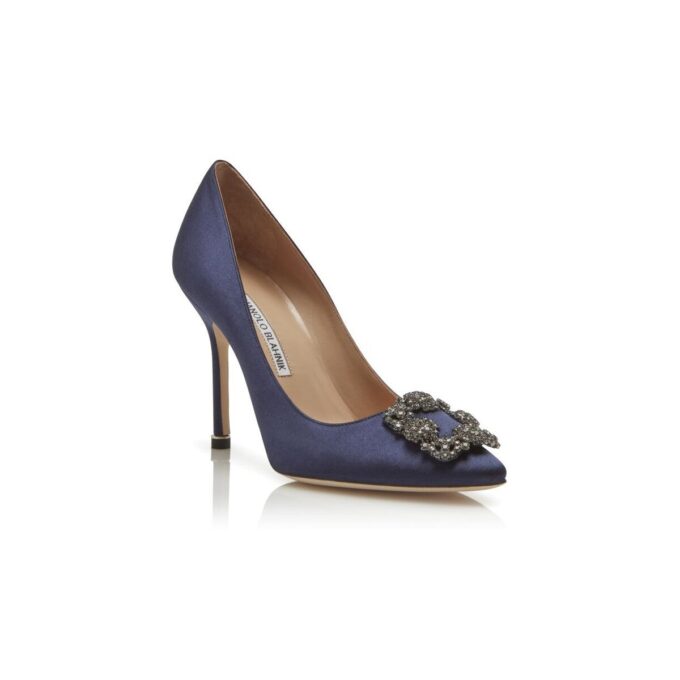 HANGISI Navy Blue Satin Jewel Buckle Pumps HANGISI Navy Blue Satin Jewel Buckle Pumps