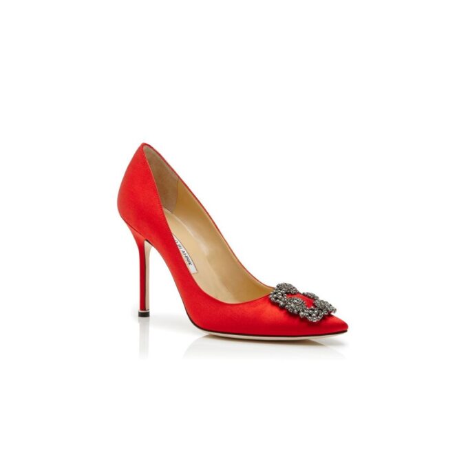 HANGISI Red Satin Jewel Buckle Pumps HANGISI Red Satin Jewel Buckle Pumps