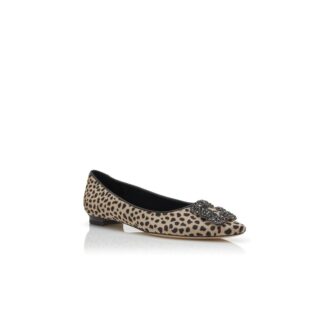 HANGISIFLAT Animal Print Calf Hair Jewel Buckle Flat Pumps