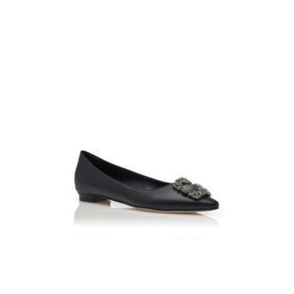 HANGISIFLAT Black Calf Leather Jewel Buckle Flat Pumps