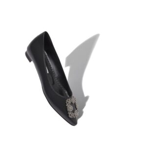 HANGISIFLAT Black Calf Leather Jewel Buckle Flat Pumps