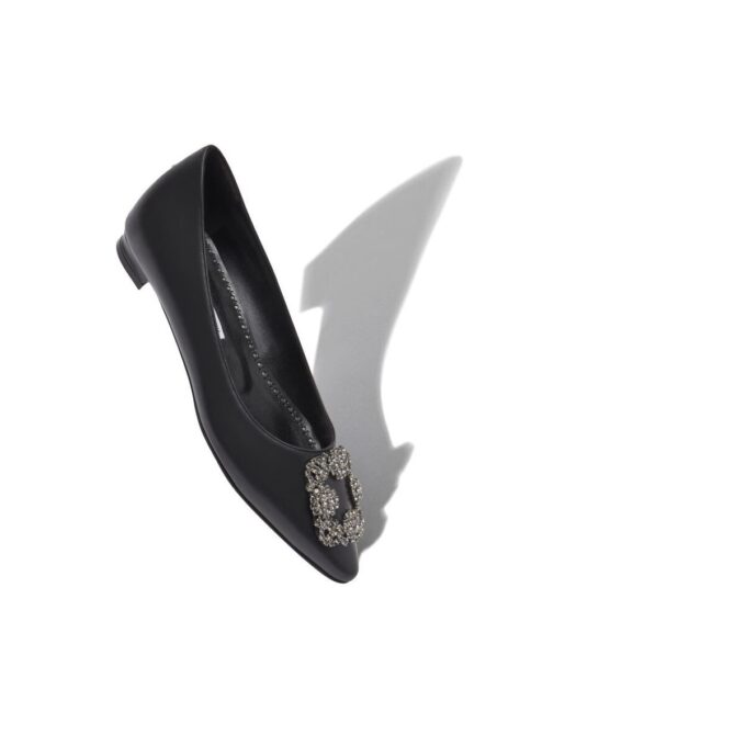 HANGISIFLAT Black Calf Leather Jewel Buckle Flat Pumps