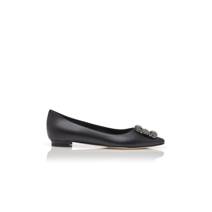 HANGISIFLAT Black Calf Leather Jewel Buckle Flat Pumps