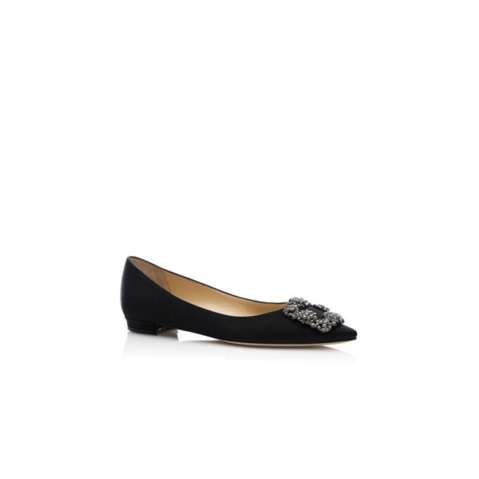 HANGISIFLAT Black Satin Jewel Buckle Flat Pumps