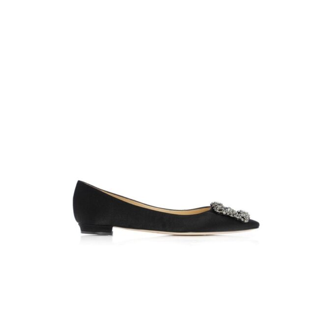 HANGISIFLAT Black Satin Jewel Buckle Flat Pumps