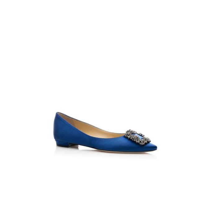 HANGISIFLAT Blue Satin Jewel Buckle Flat Pumps