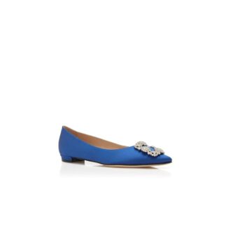 HANGISIFLAT Blue Satin Jewel Buckle Flat Pumps