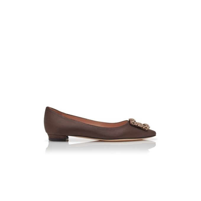 HANGISIFLAT Brown Satin Jewel Buckle Flat Pumps