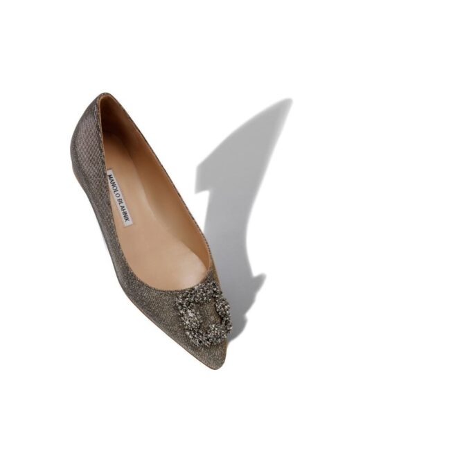 HANGISIFLAT GLITTER Dark Gold Glitter Fabric Jewel Buckle Flat Pumps