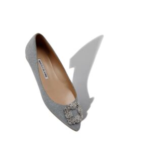 HANGISIFLAT GLITTER Silver Glitter Fabric Jewel Buckle Flat Pumps