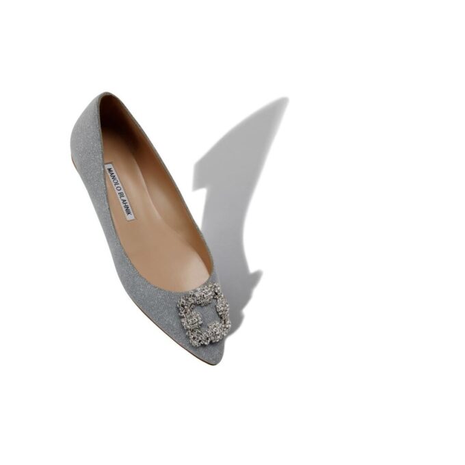 HANGISIFLAT GLITTER Silver Glitter Fabric Jewel Buckle Flat Pumps