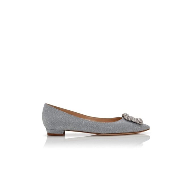 HANGISIFLAT GLITTER Silver Glitter Fabric Jewel Buckle Flat Pumps