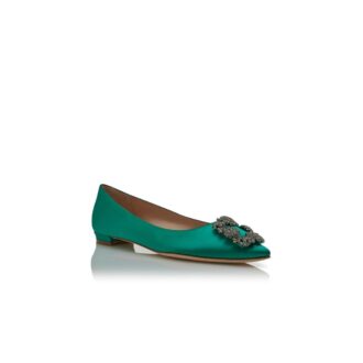 HANGISIFLAT Green Satin Jewel Buckle Flat Pumps