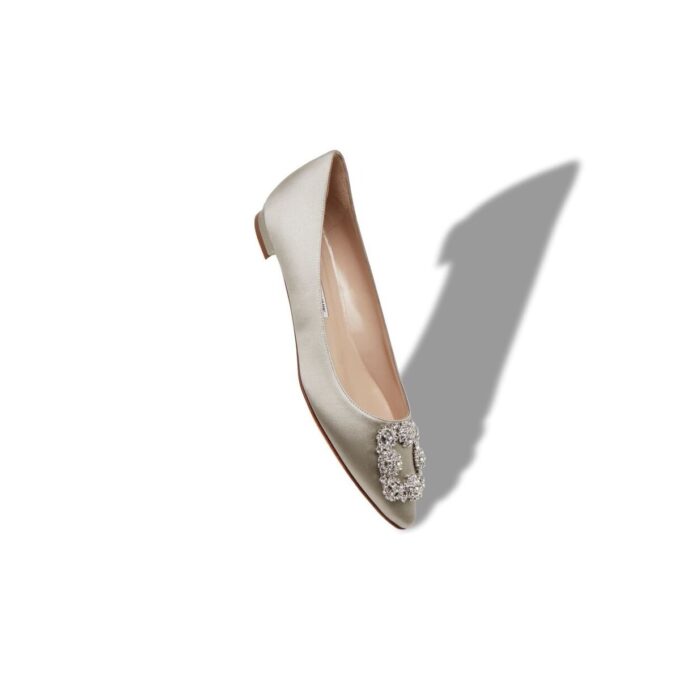HANGISIFLAT Grey Satin Jewel Buckle Flat Pumps