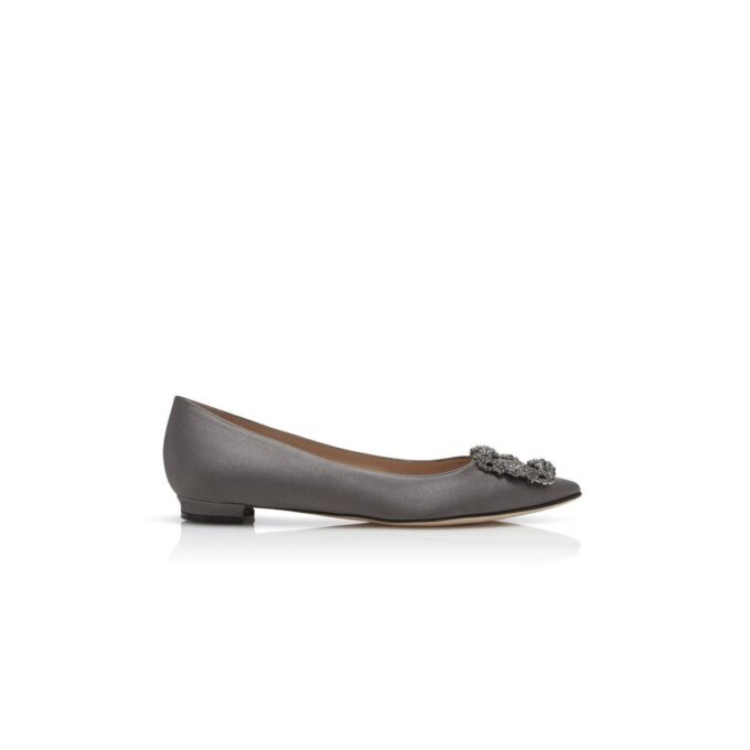 HANGISIFLAT Grey Satin Jewel Buckle Flat Pumps