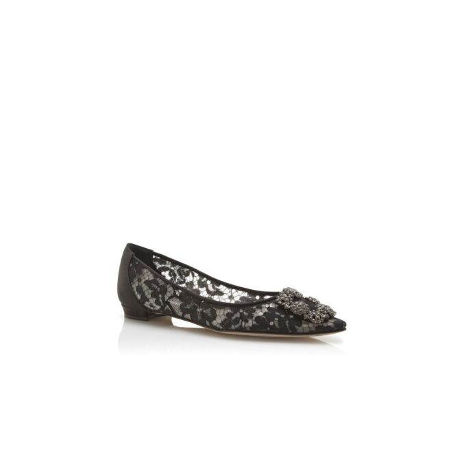 HANGISIFLAT LACE Black Lace Jewel Buckle Flat Pumps