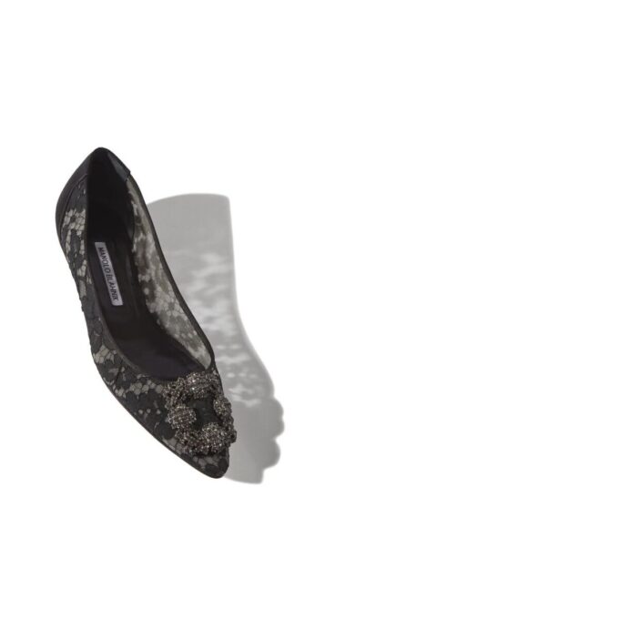 HANGISIFLAT LACE Black Lace Jewel Buckle Flat Pumps