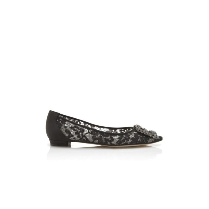 HANGISIFLAT LACE Black Lace Jewel Buckle Flat Pumps