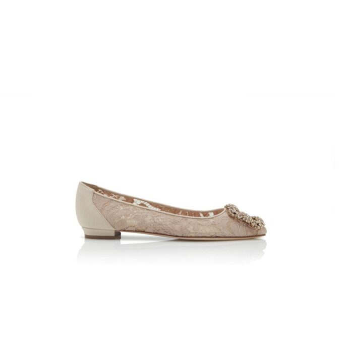 HANGISIFLAT LACE Pink Champagne Lace Jewel Buckle Flat Pumps