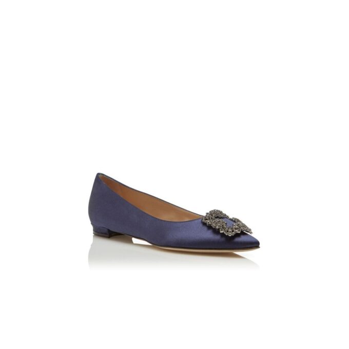 HANGISIFLAT Navy Blue Satin Jewel Buckle Flat Pumps