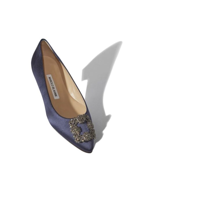 HANGISIFLAT Navy Blue Satin Jewel Buckle Flat Pumps