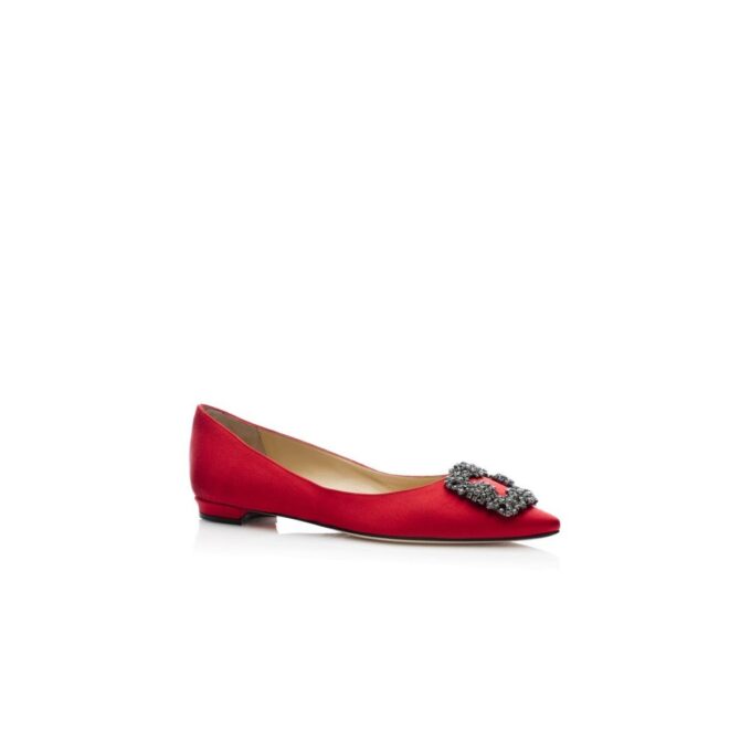 HANGISIFLAT Red Satin Jewel Buckle Flat Pumps